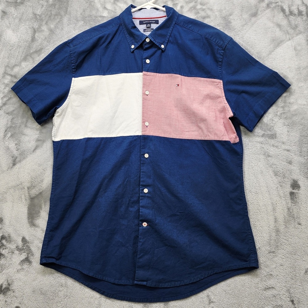 Vintage Tommy Hilfiger Shirt Men XL Blue Pink White Custom Fit Colorblock Preppy